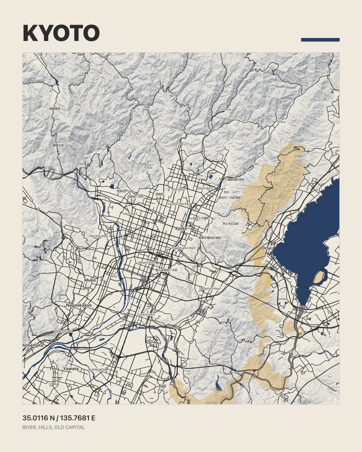 Woodblock map style preview for Kyoto